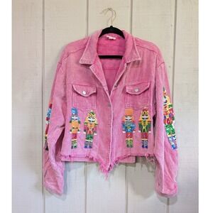 BIB! Pink Corduroy Sequin Nutcracker Jacket Christmas Raw Hem Sparkles Holiday